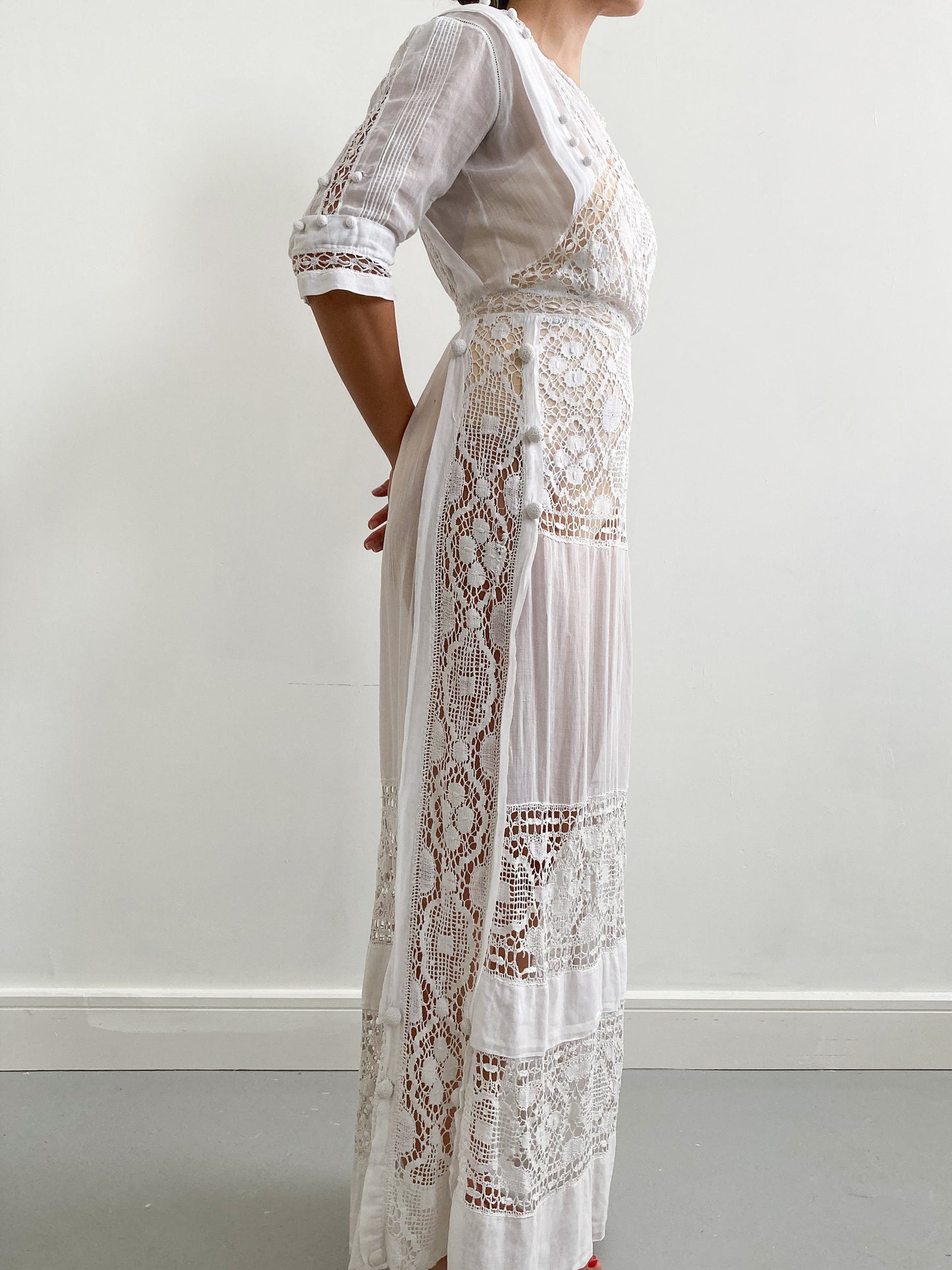 Edwardian Cotton Tiered Tea Wedding Gown with Raised Embroidery