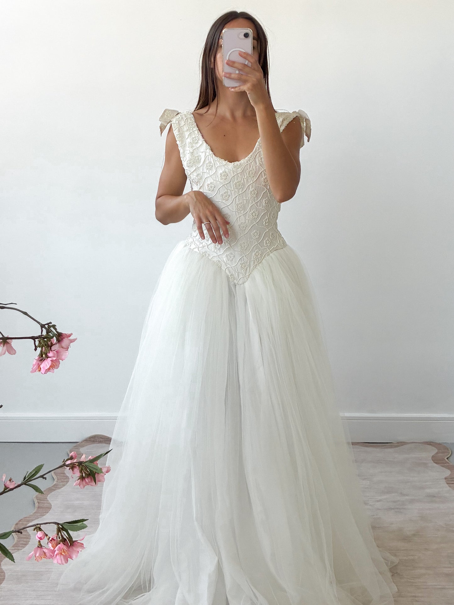 1990s Tulle Gown With Silk & Pearl Embroidered Corset And Bow Detail