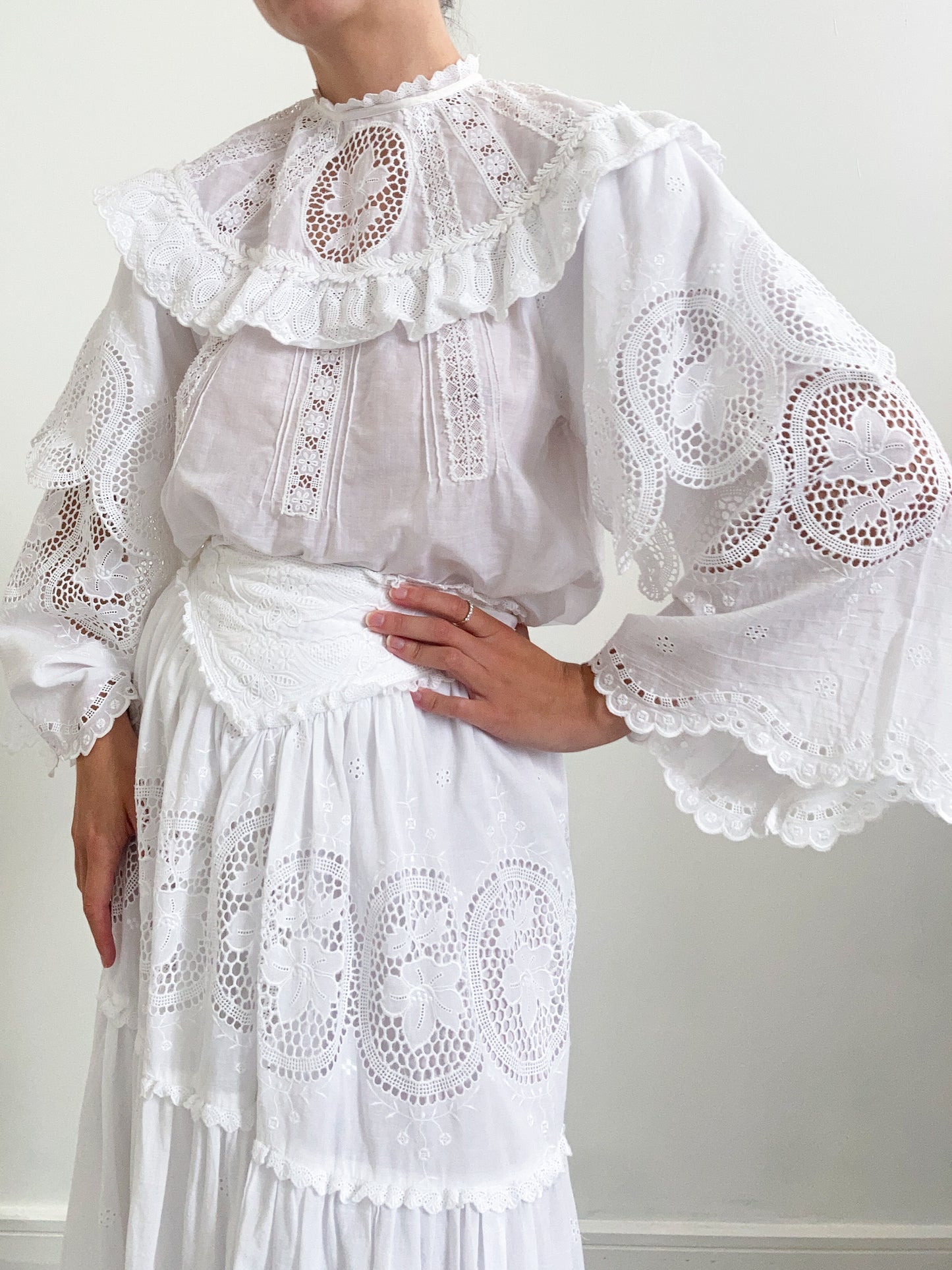 1970s Embroidered Two Piece Set with Tiered Sleeves