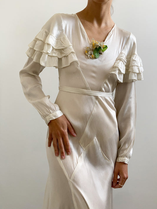 1930s Ivory Silk Ruffled Wedding Dress