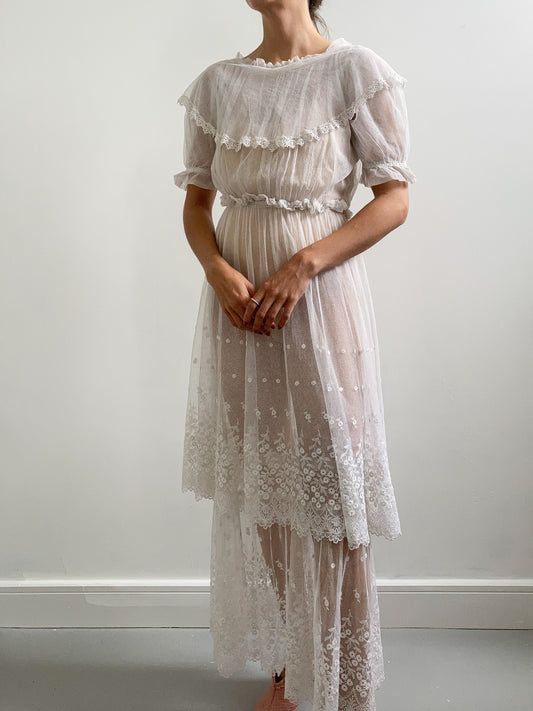 Antique Embroidered Net Tiered Wedding Dress with Collar