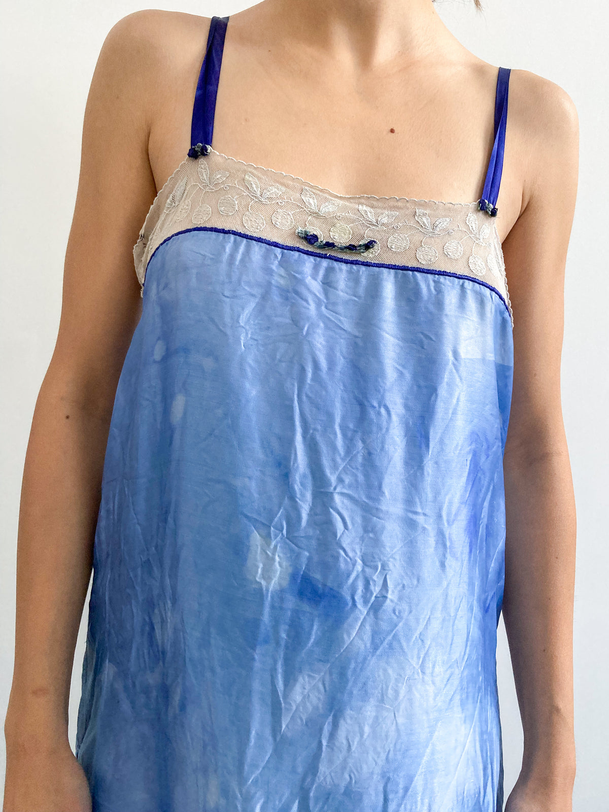1920s Hand Dyed Satin Slip with Floral Lace in Midnight