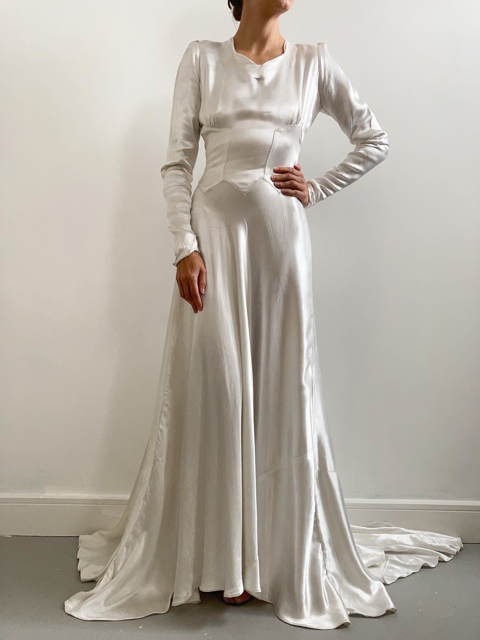 1930s Slipper Satin Ivory Wedding Dress with Button Back 1930s Slipper Satin Ivory Wedding Dress with Button Back