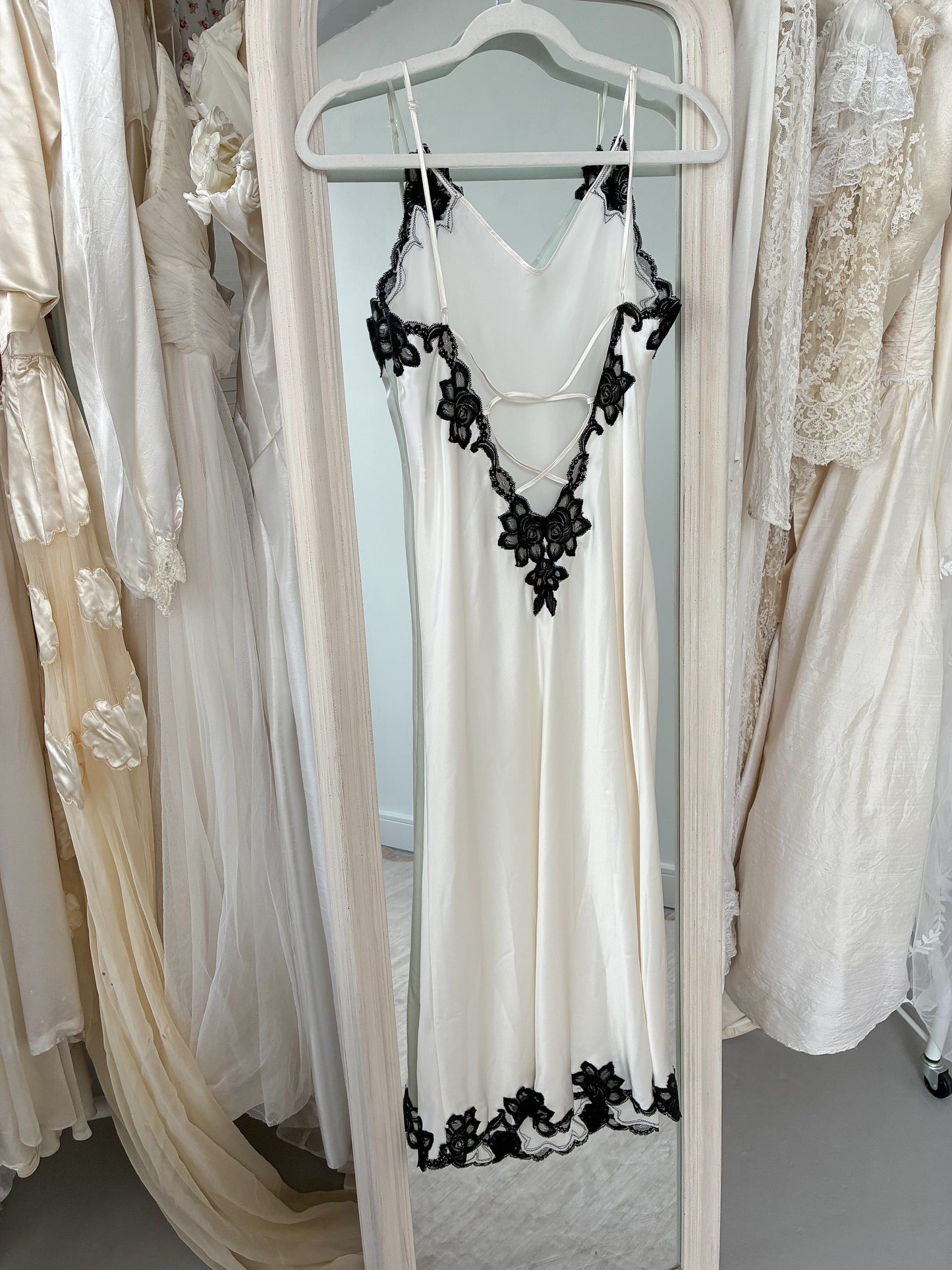 1990s Silk Slip Gown With Cross Back And Black Lace