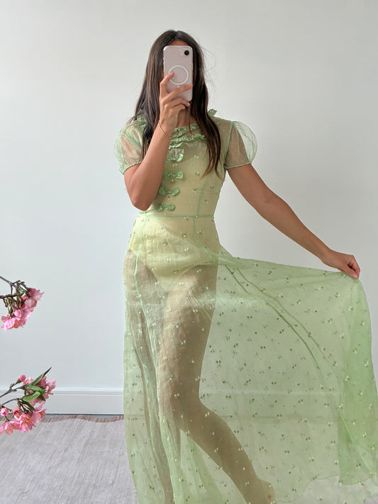 1930s Green Organza Dress With Bow Detail And Floral Embroidery M