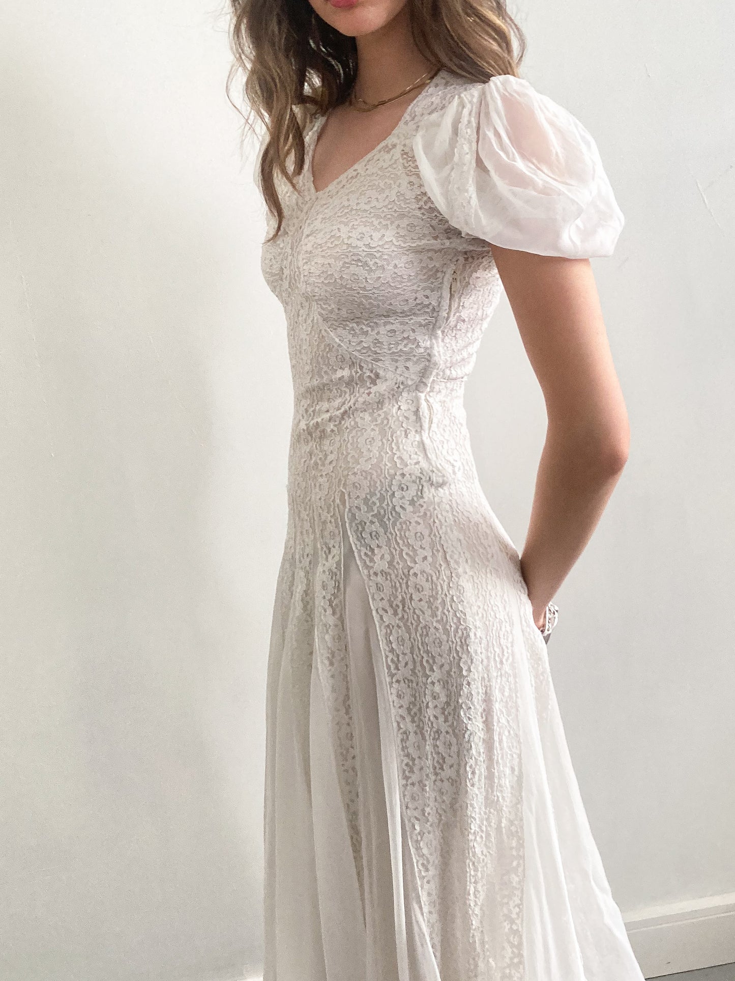 1930s Lace and Puff Sleeve Wedding Dress with Cathedral Train