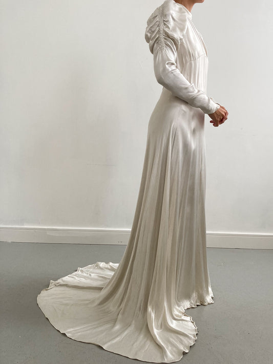 1940s Satin Ivory Wedding Gown with Ruched Sleeves and Small Train