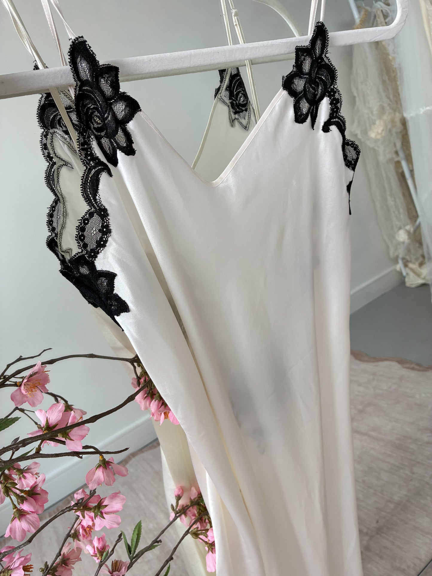 1990s Silk Slip Gown With Cross Back And Black Lace M