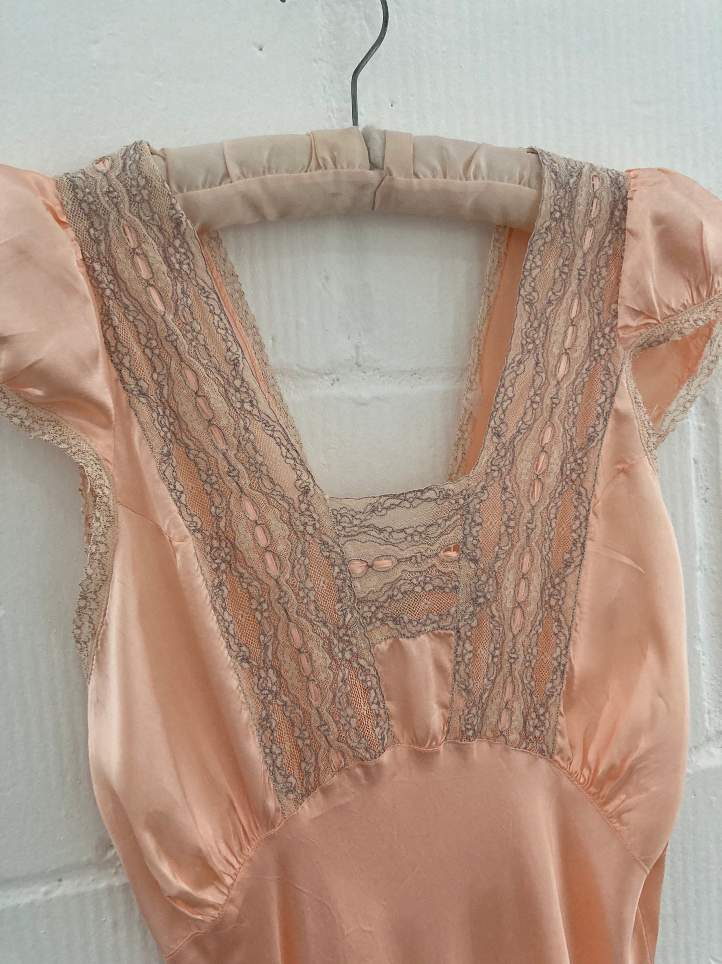 1930s Pink Satin Puff Sleeve Gown with Lace Embroidery