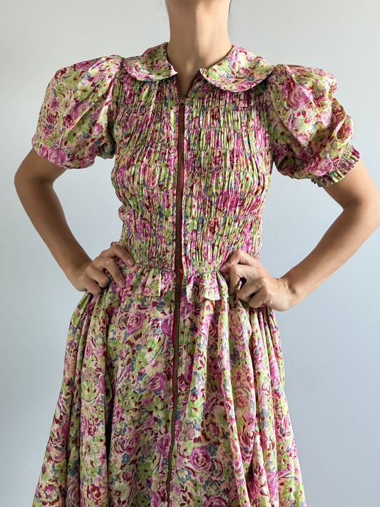 1930s Asymmetrical Floral Puff Sleeve Robe
