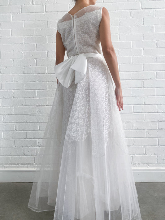 1950s Tulle & Floral Applique Wedding Dress with Bow Detail