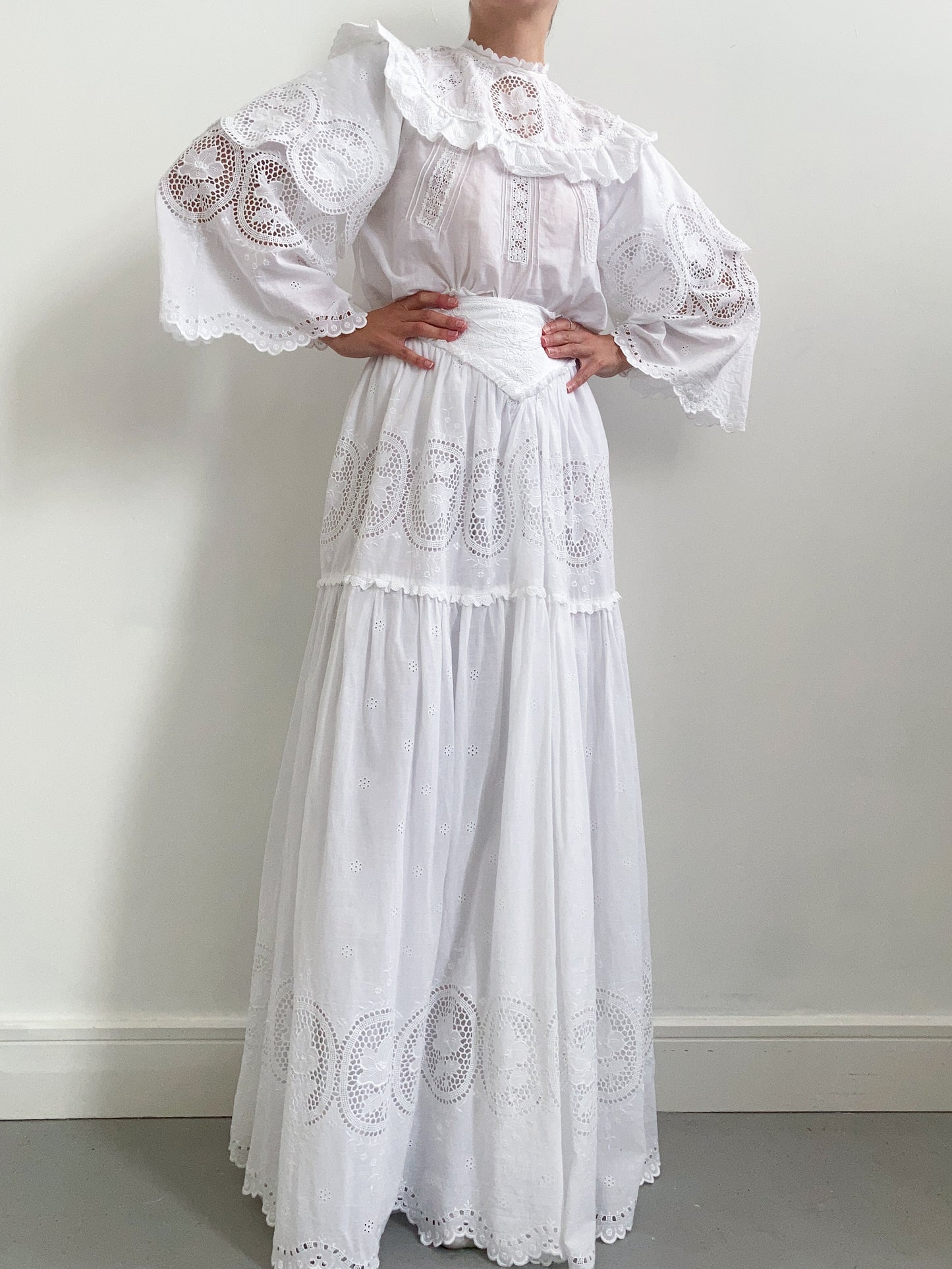 1970s Embroidered Two Piece Set with Tiered Sleeves