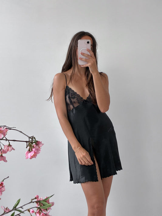 1990s Black Silk Mini Slip With Sheer Lace M
