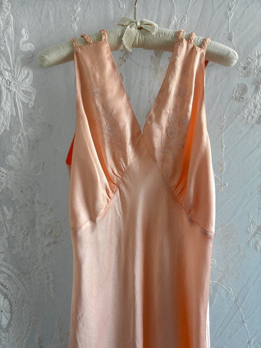 1930s Peachy Pink Pure Silk Slip Gown With Triple Straps