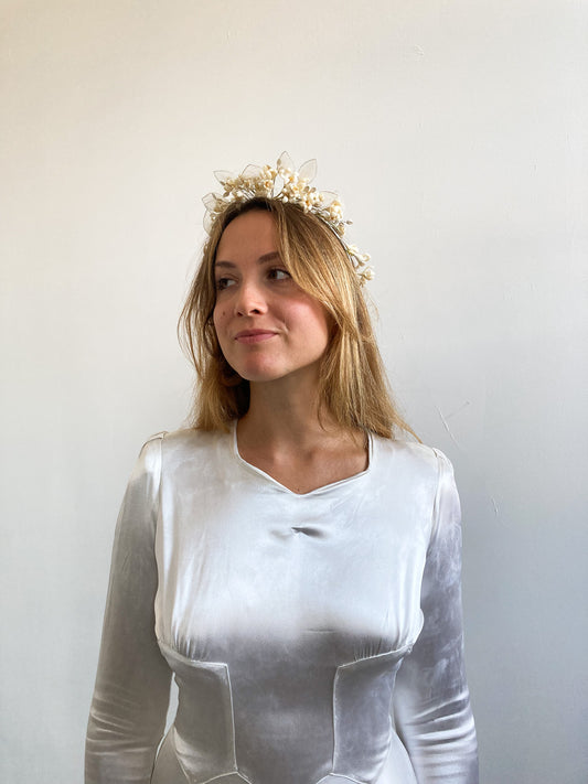 Antique Wax Flower, Pearl Bloom & Net Petal Headpiece