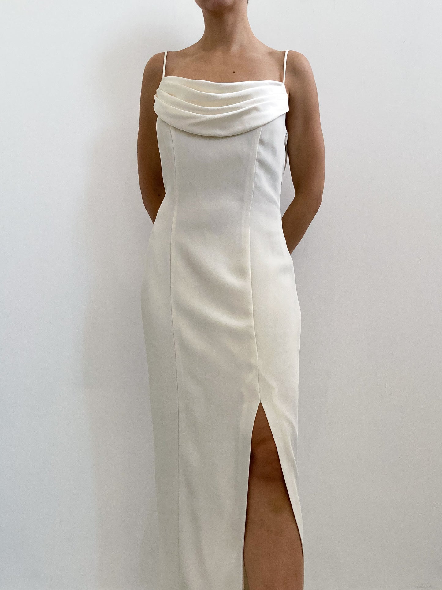 1990s Crepe Minimalist Wedding Dress with Pleated Detail & Spaghetti Straps