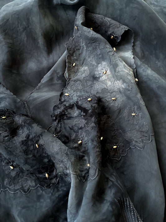 1930s Silk Nightgown With Floral Lace & Pearl Beading In Midnight Blue M L
