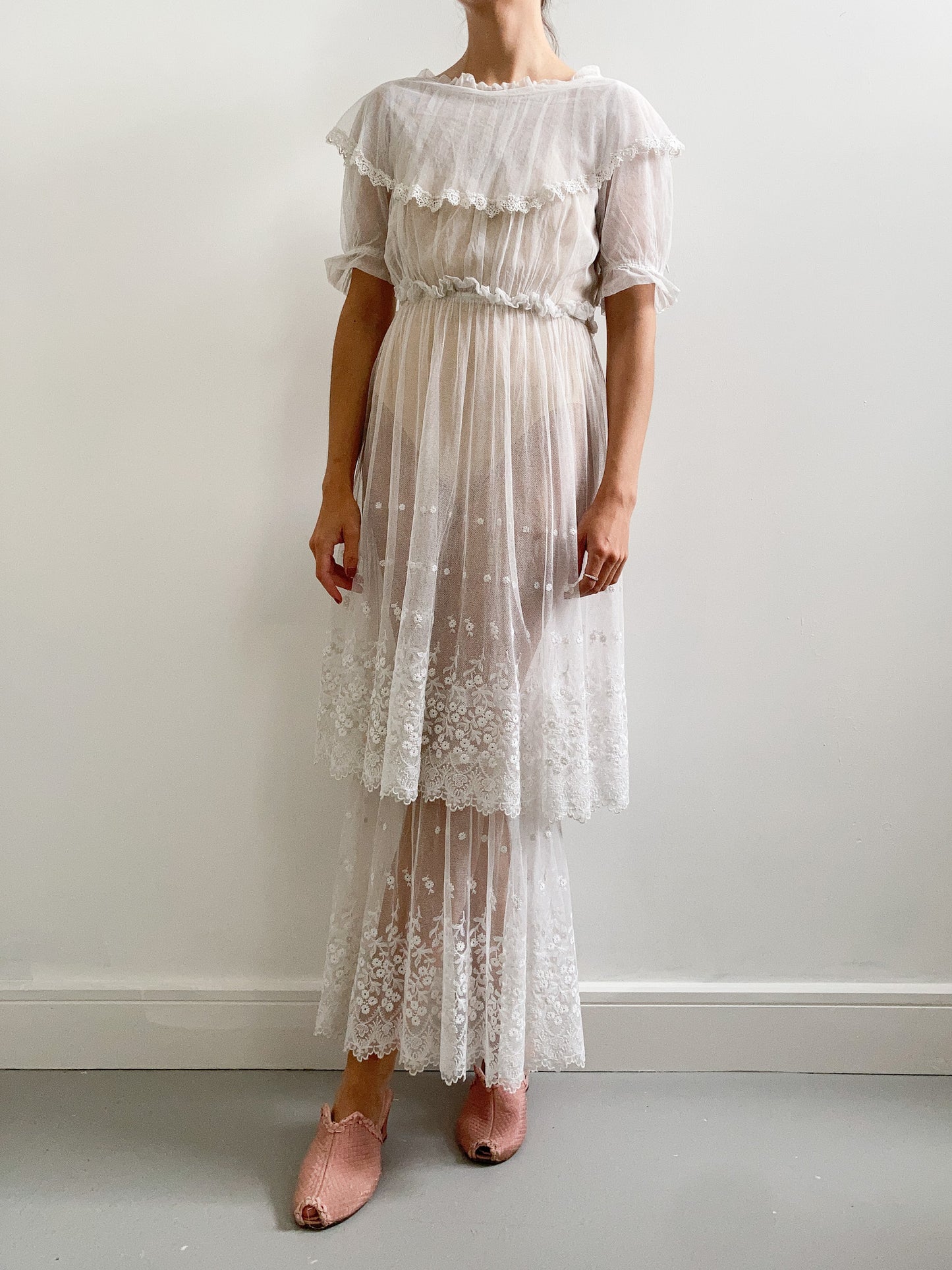 Antique Embroidered Net Tiered Wedding Dress with Collar