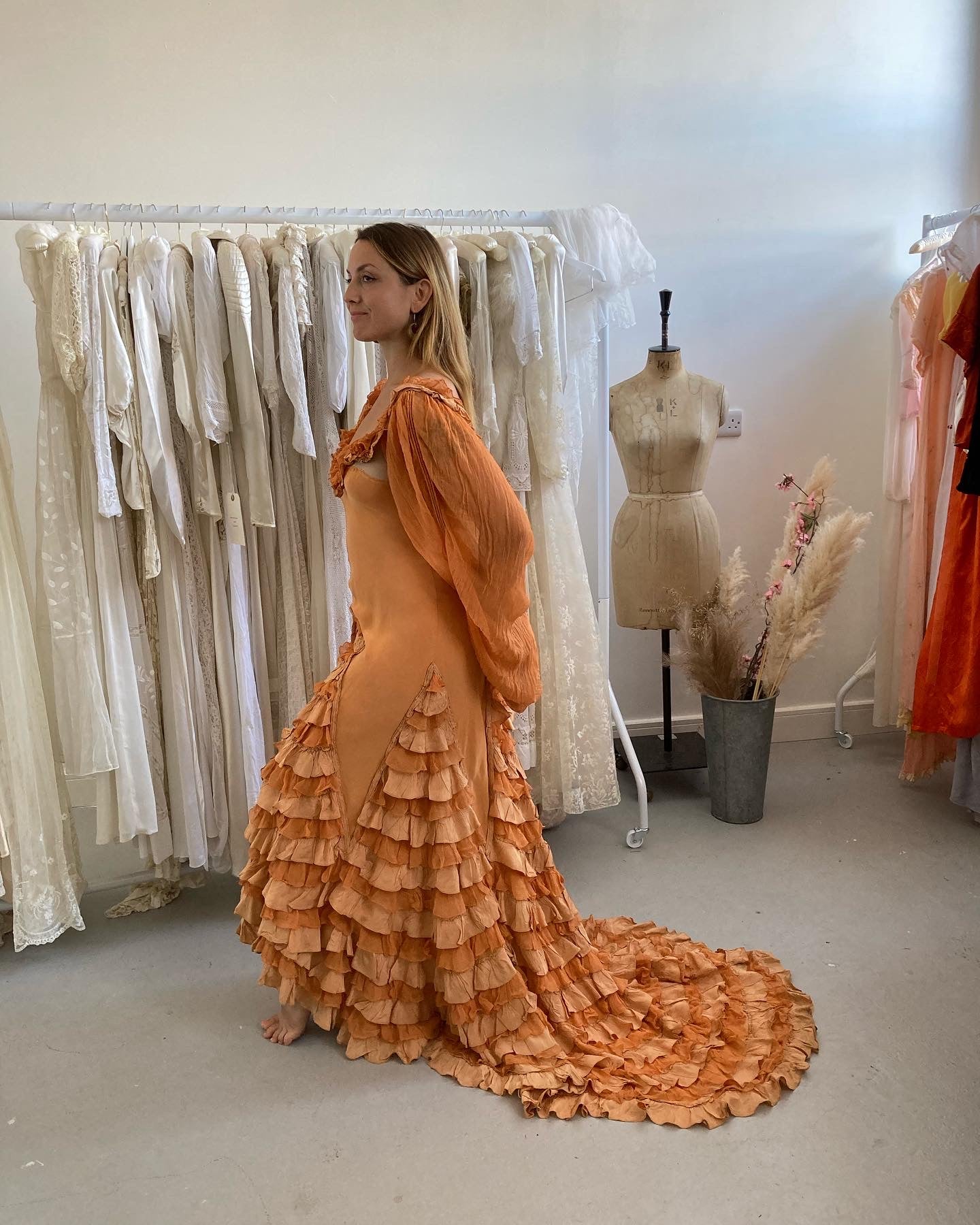 1930s Silk Crepe Flamenco Dress with Bishop Sleeves