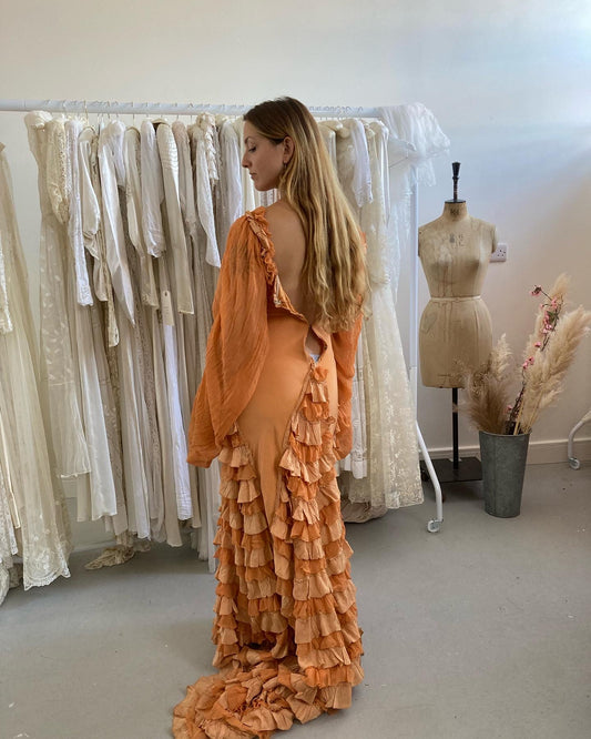 1930s Silk Crepe Flamenco Dress with Bishop Sleeves