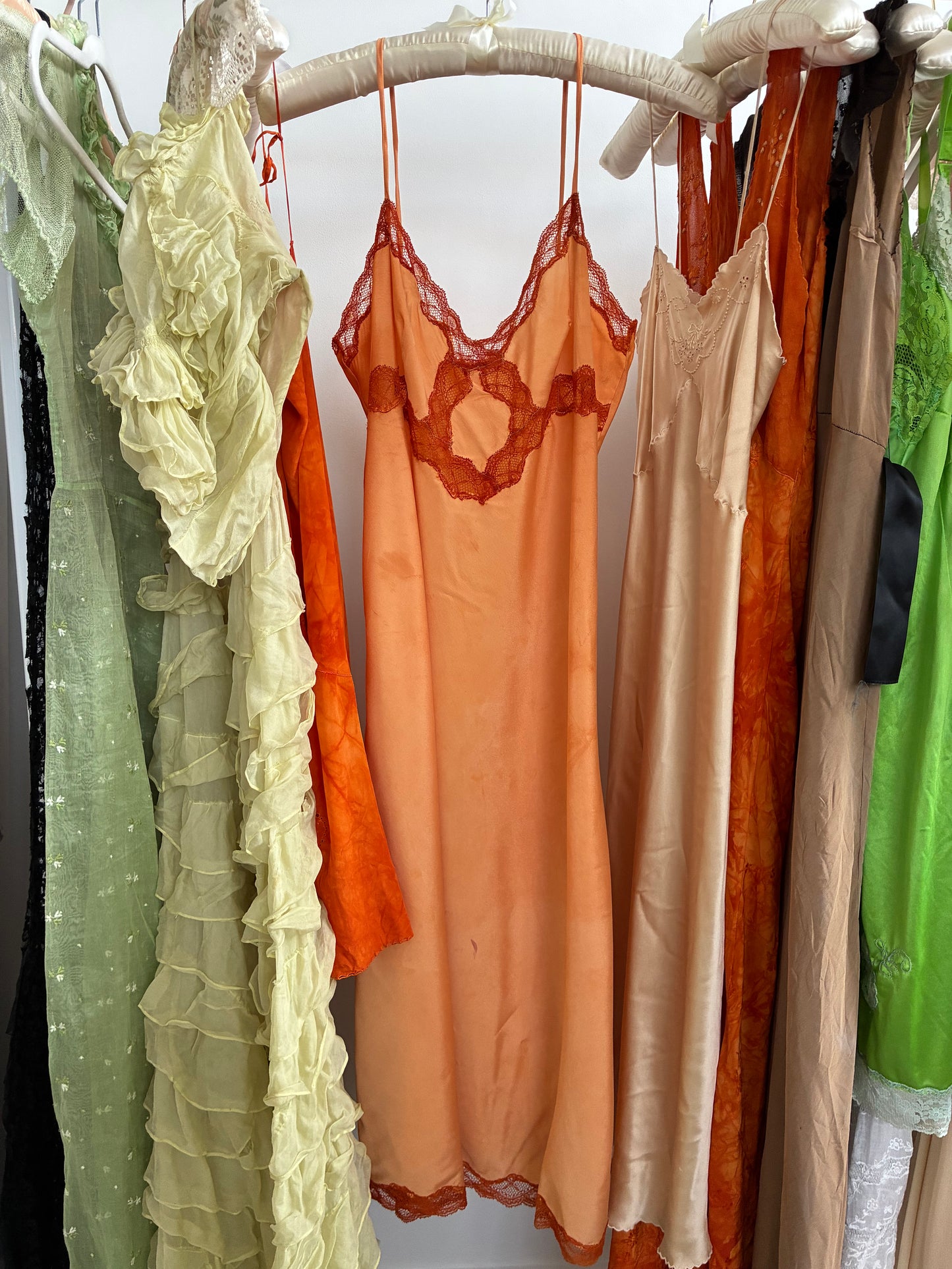 1970s Silk Satin Slip With Contrasting Lace In Sunset Orange L