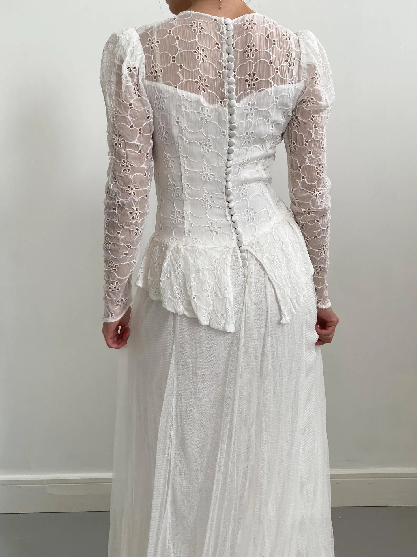1940s Organdy Broderie and Net Wedding Dress with Train