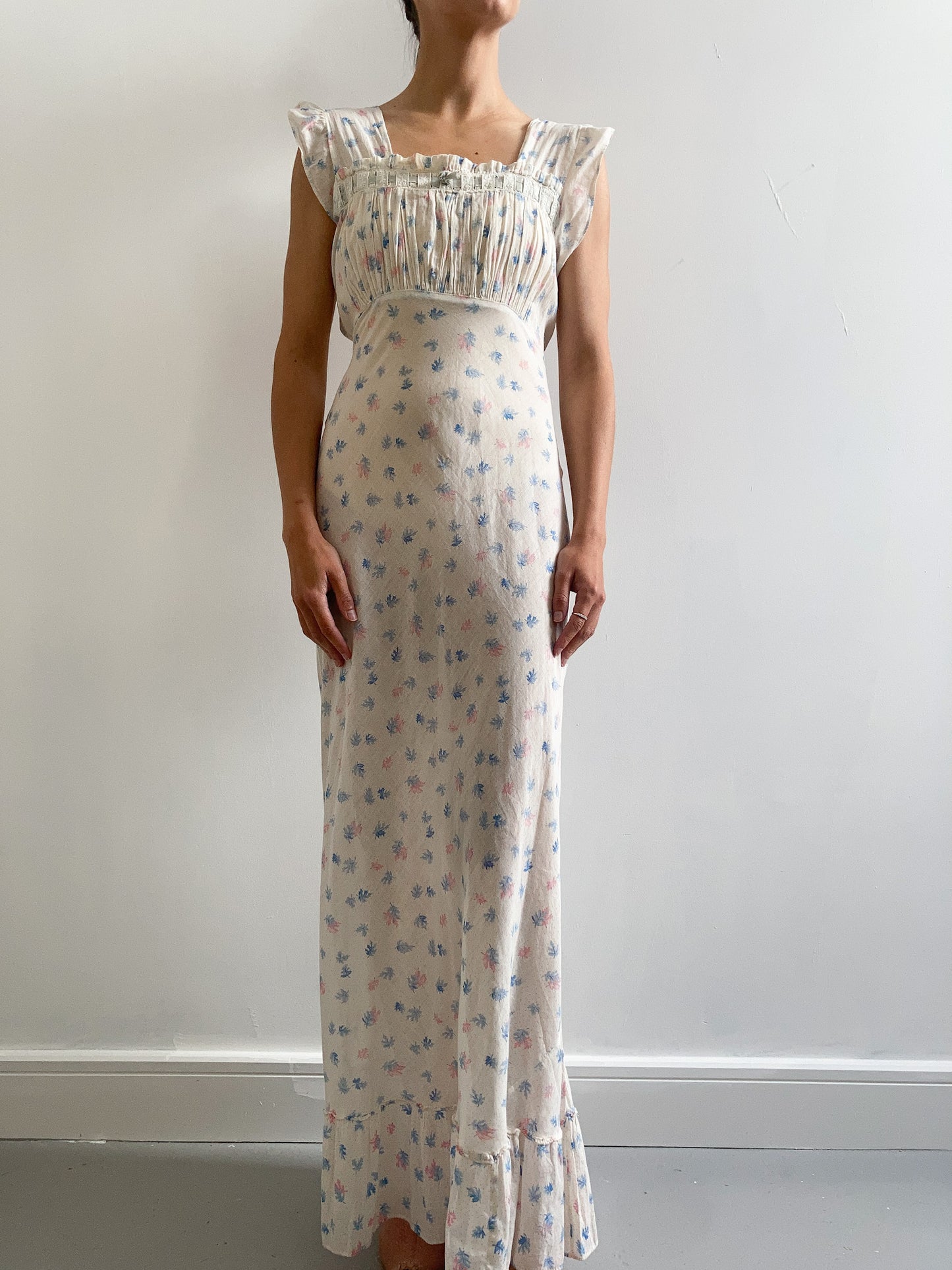 1930s Cotton Voile Ruched Slip Gown in Botanical Print