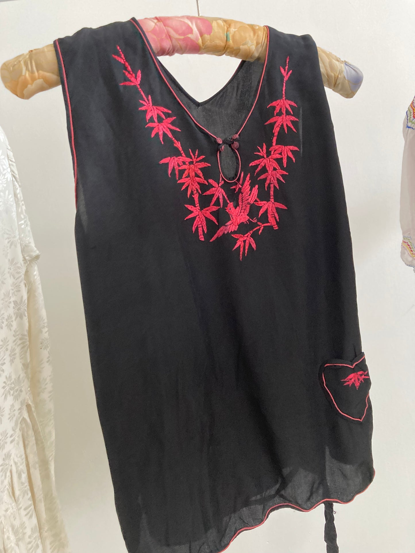 1920s Black Crepe Blouse with Embroidery