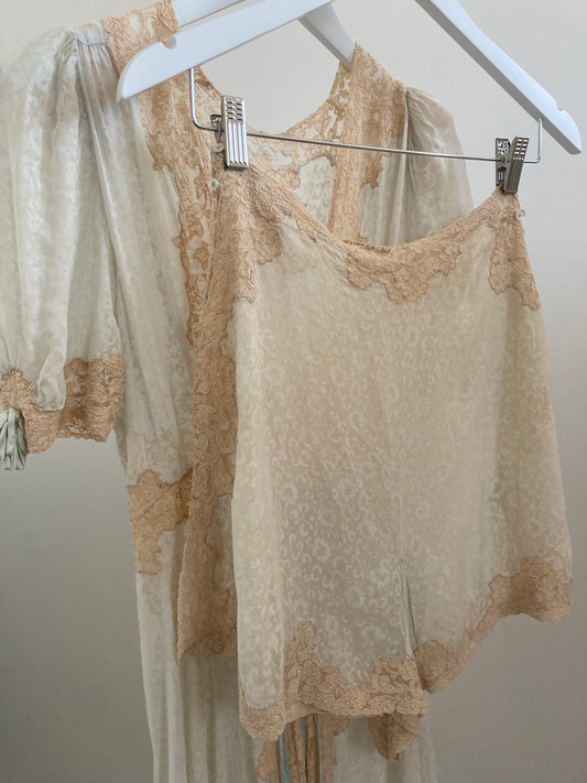 1930s Silk Chiffon Mint & Beige Printed Floral Lace Robe and Knickers Set