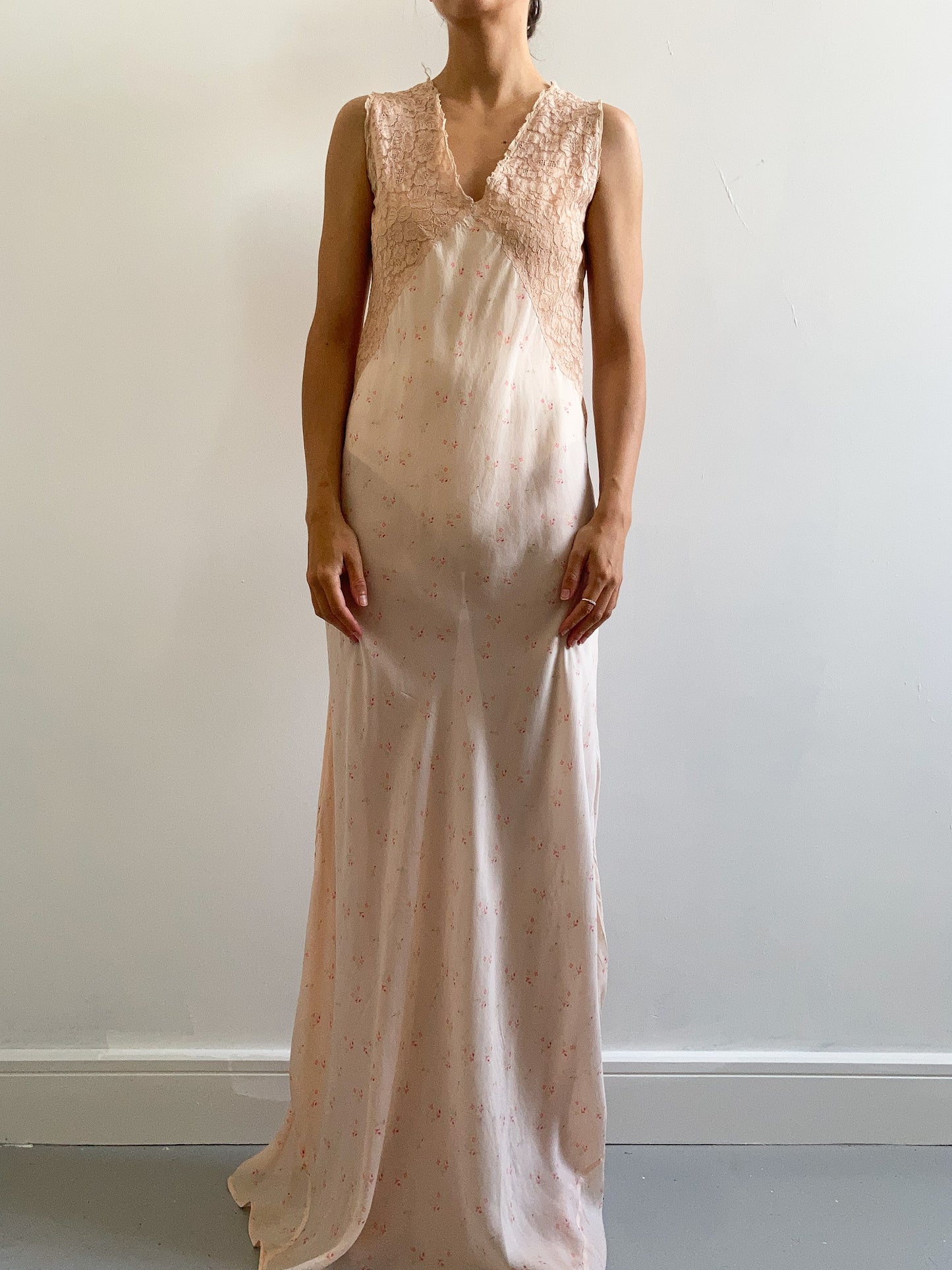 1920s Pink Lace and Ditsy Floral Silk Gown