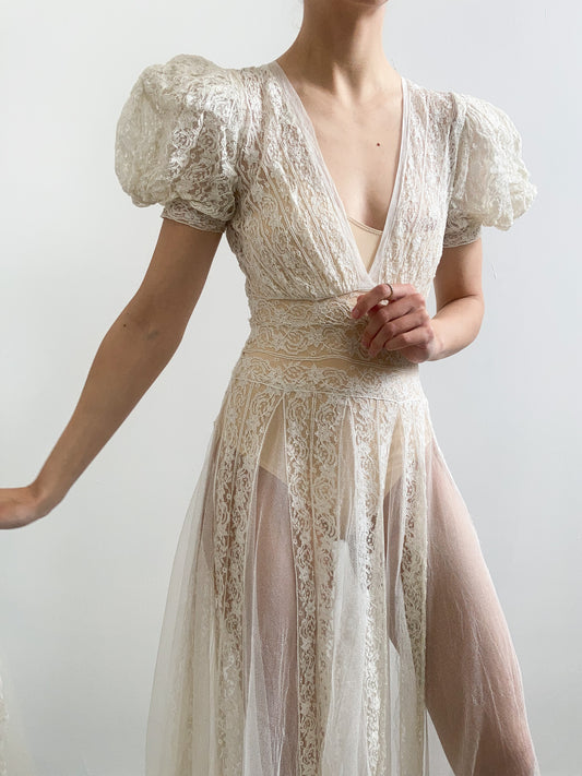 1920s Lace & Net Puff Sleeve Wedding Gown