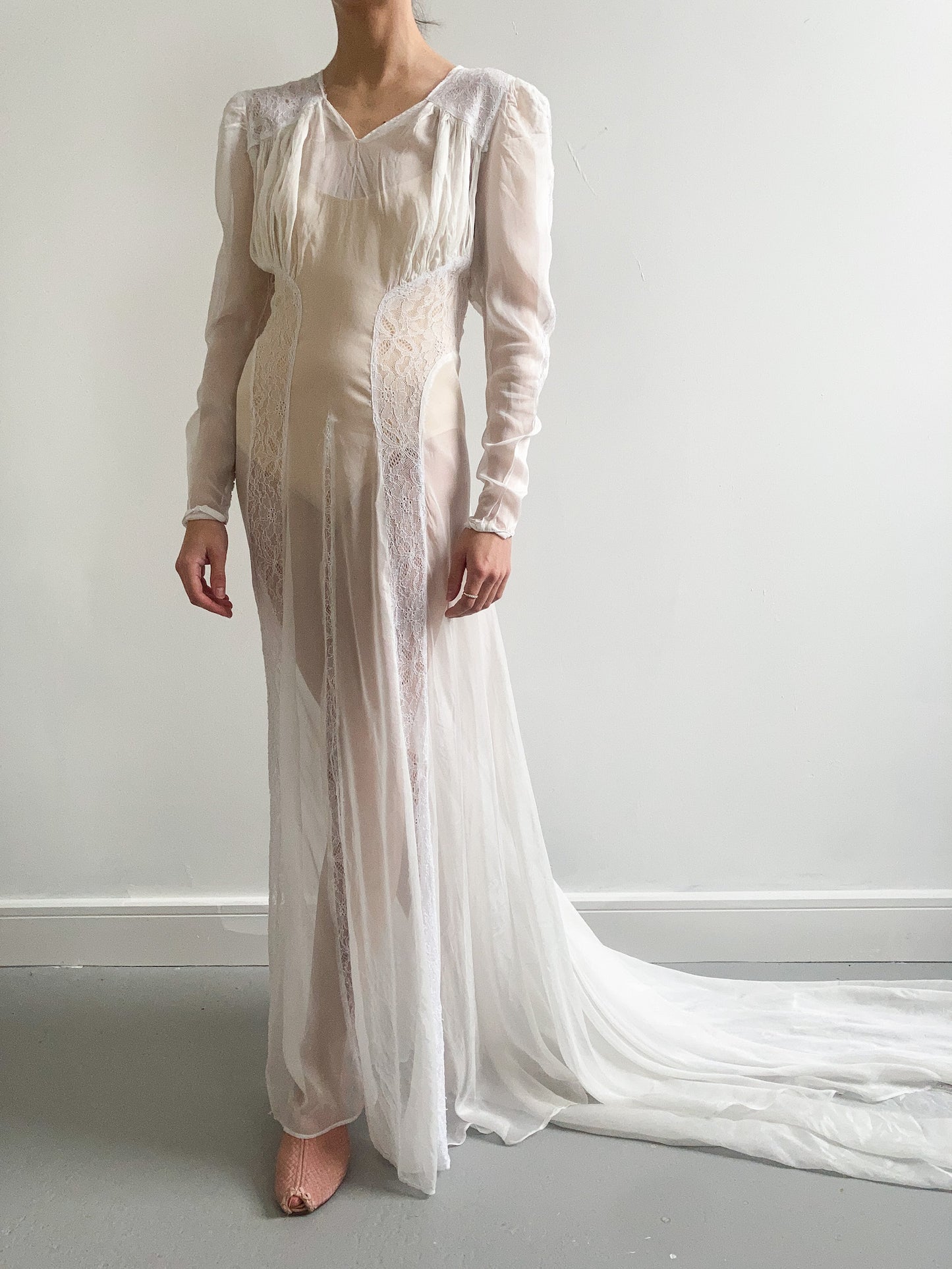 1940s Sheer Lace Wedding Gown with Train