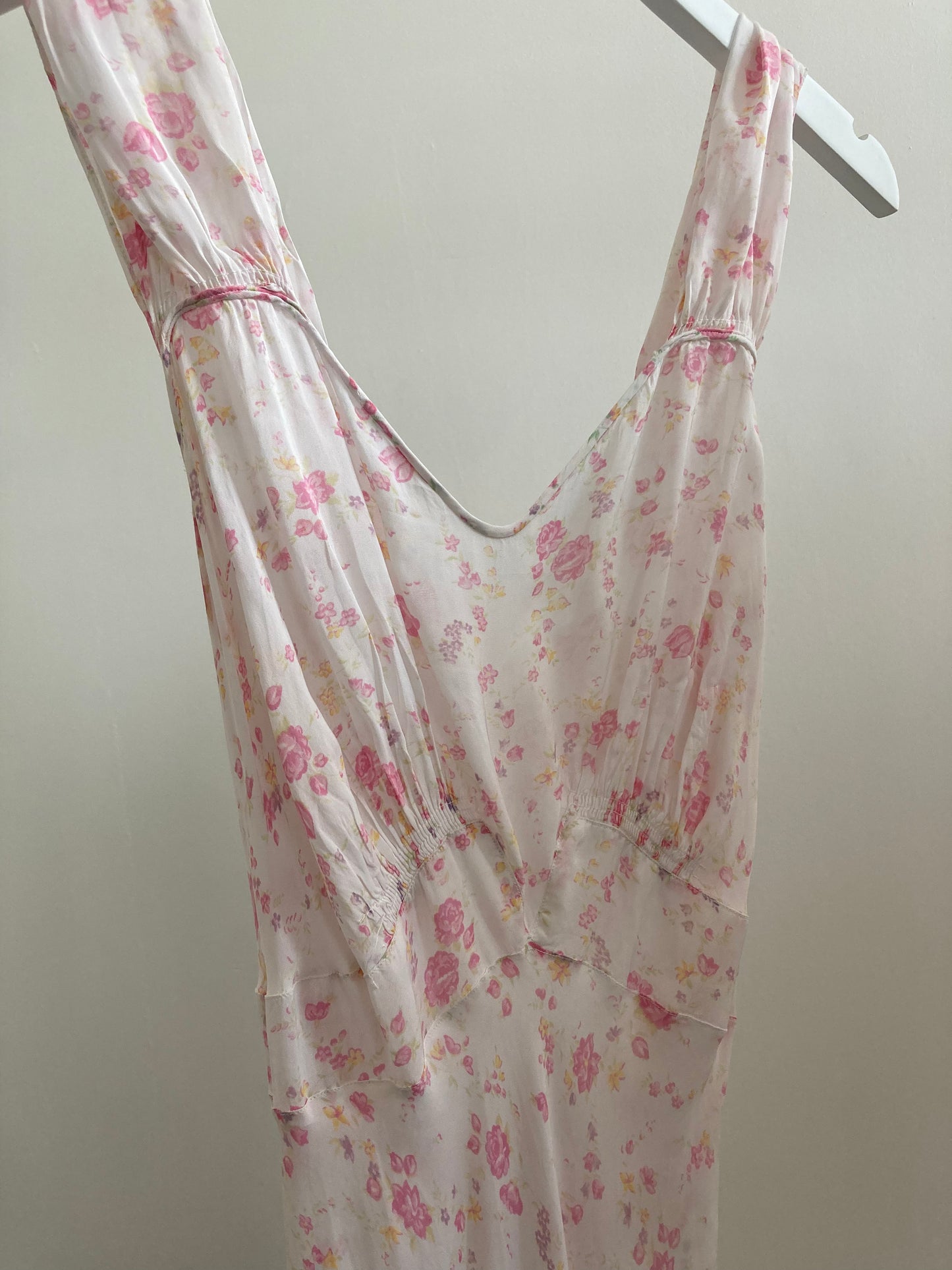 1930s Pink Floral Gathered Slip Gown
