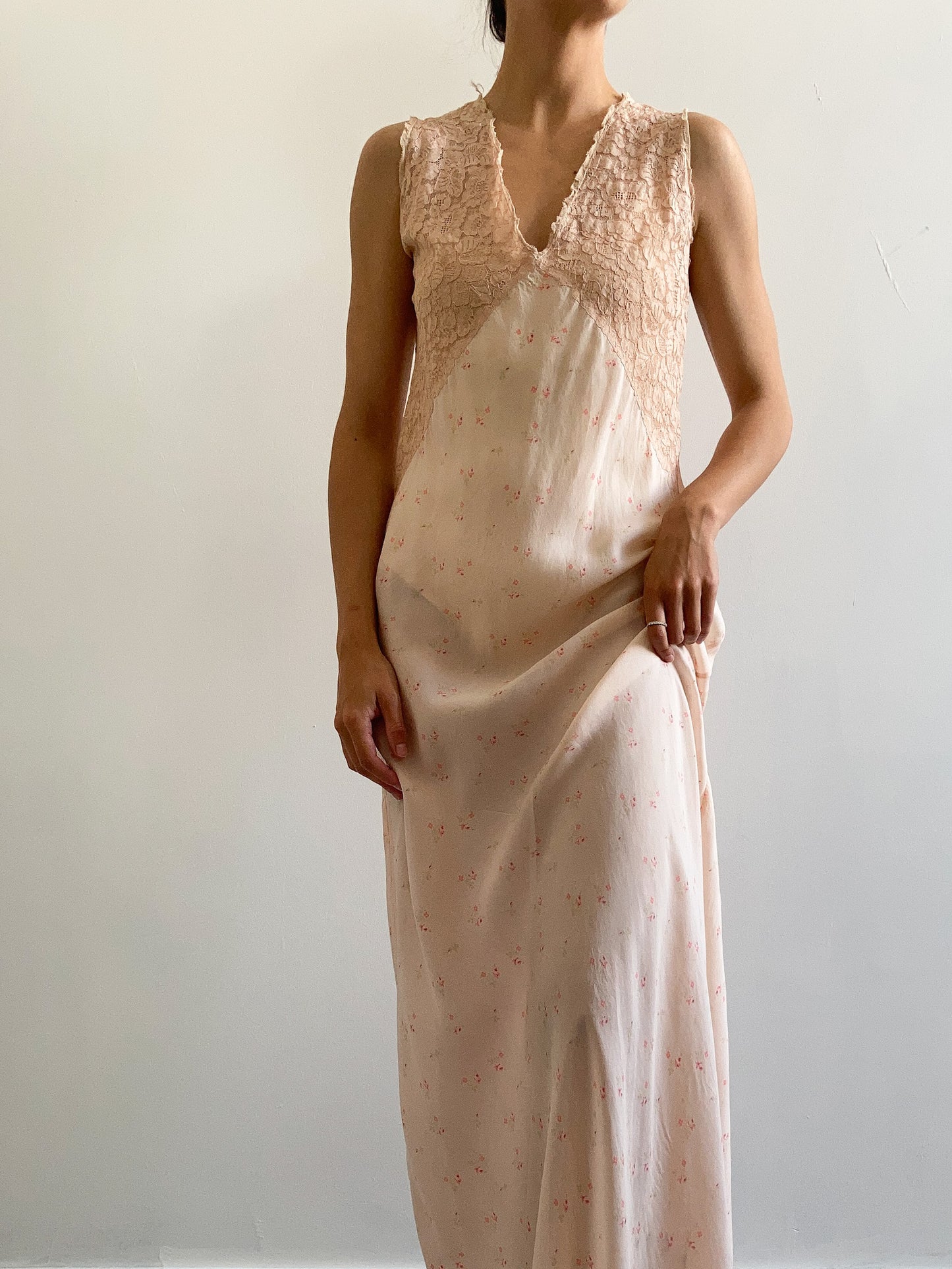 1920s Pink Lace and Ditsy Floral Silk Gown