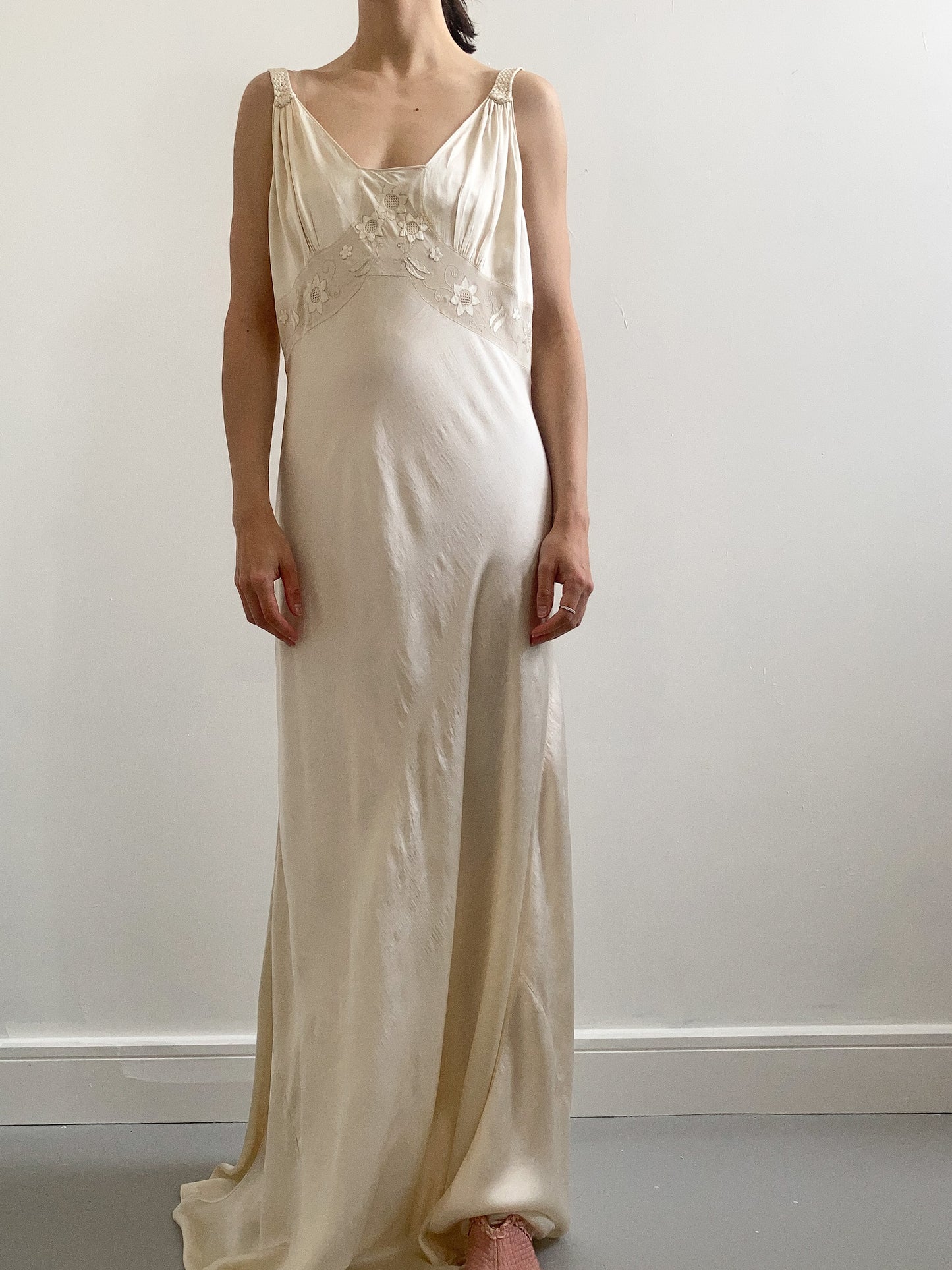 1930s Champagne Silk Bias Cut Bridal Gown