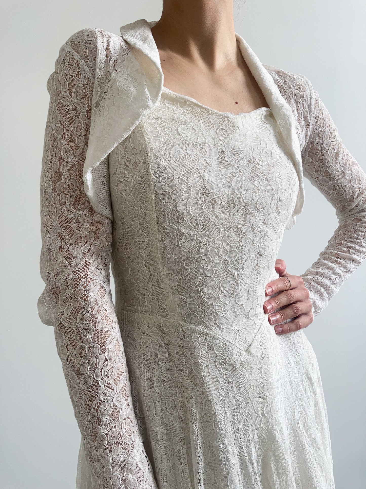 1940s Lace & Net Wedding Gown with Bolero