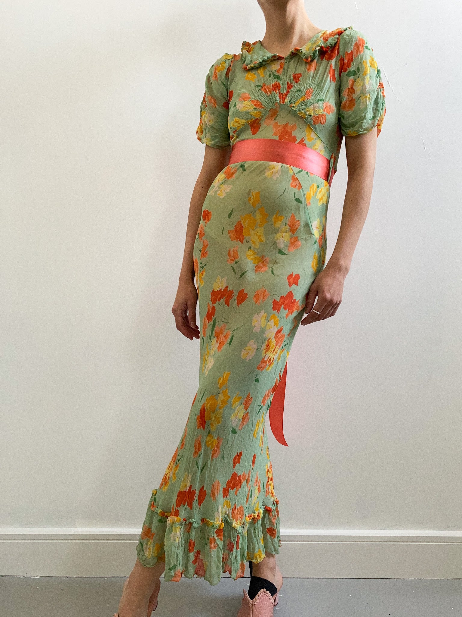 1930s Floral Chiffon Puff Sleeve Dress Adored Closet 1930s Floral Chiffon Puff Sleeve Dress Adored Closet