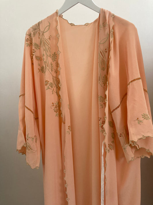 1930s Peach Silk Floral Embroidered Robe
