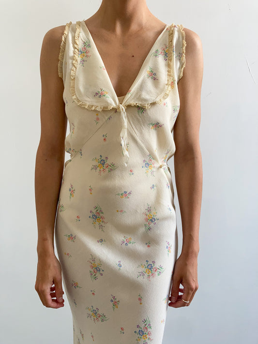 1930s Yellow Silk Crepe Floral Collared Slip Gown