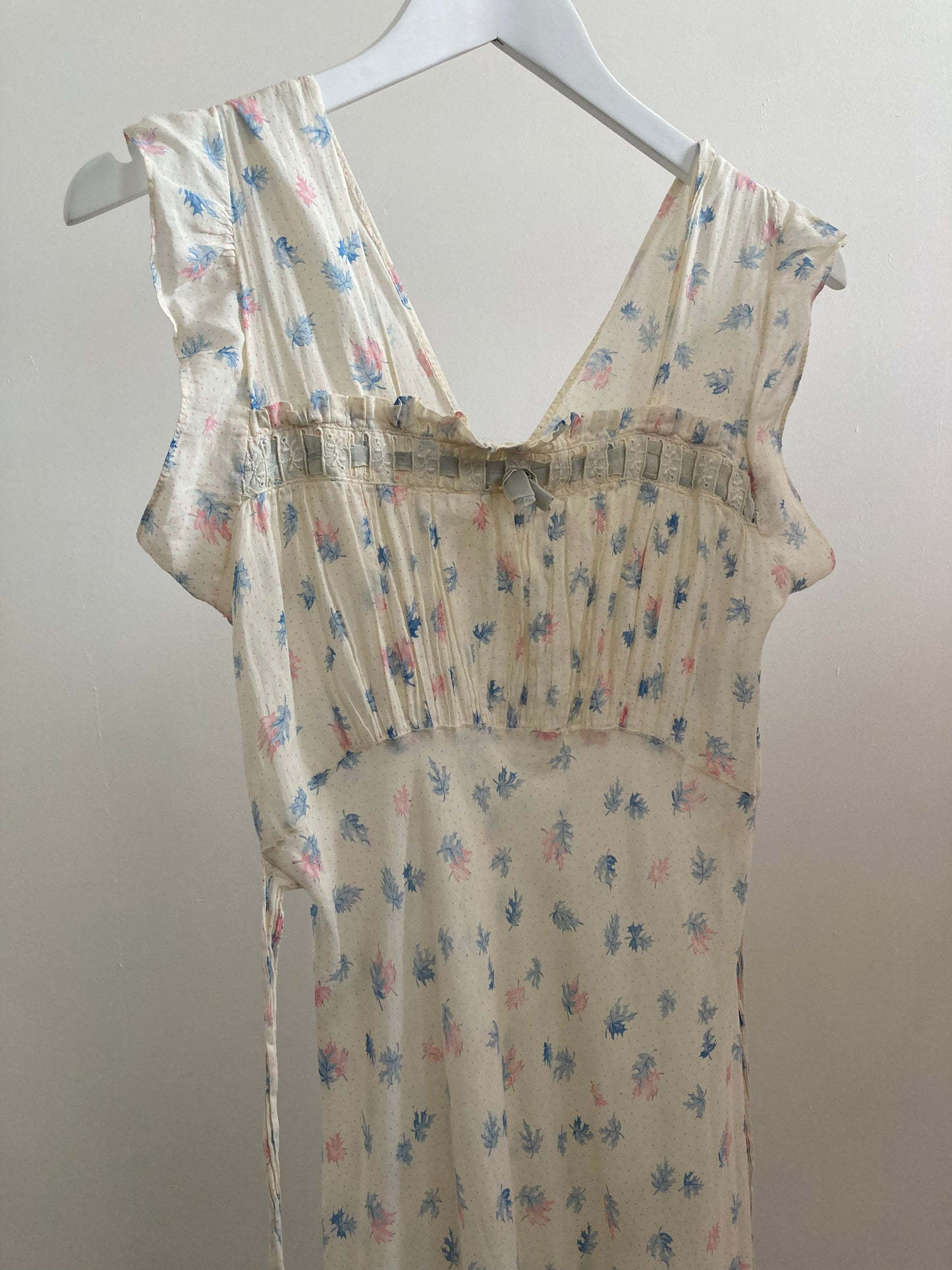 1930s Cotton Voile Ruched Slip Gown in Botanical Print