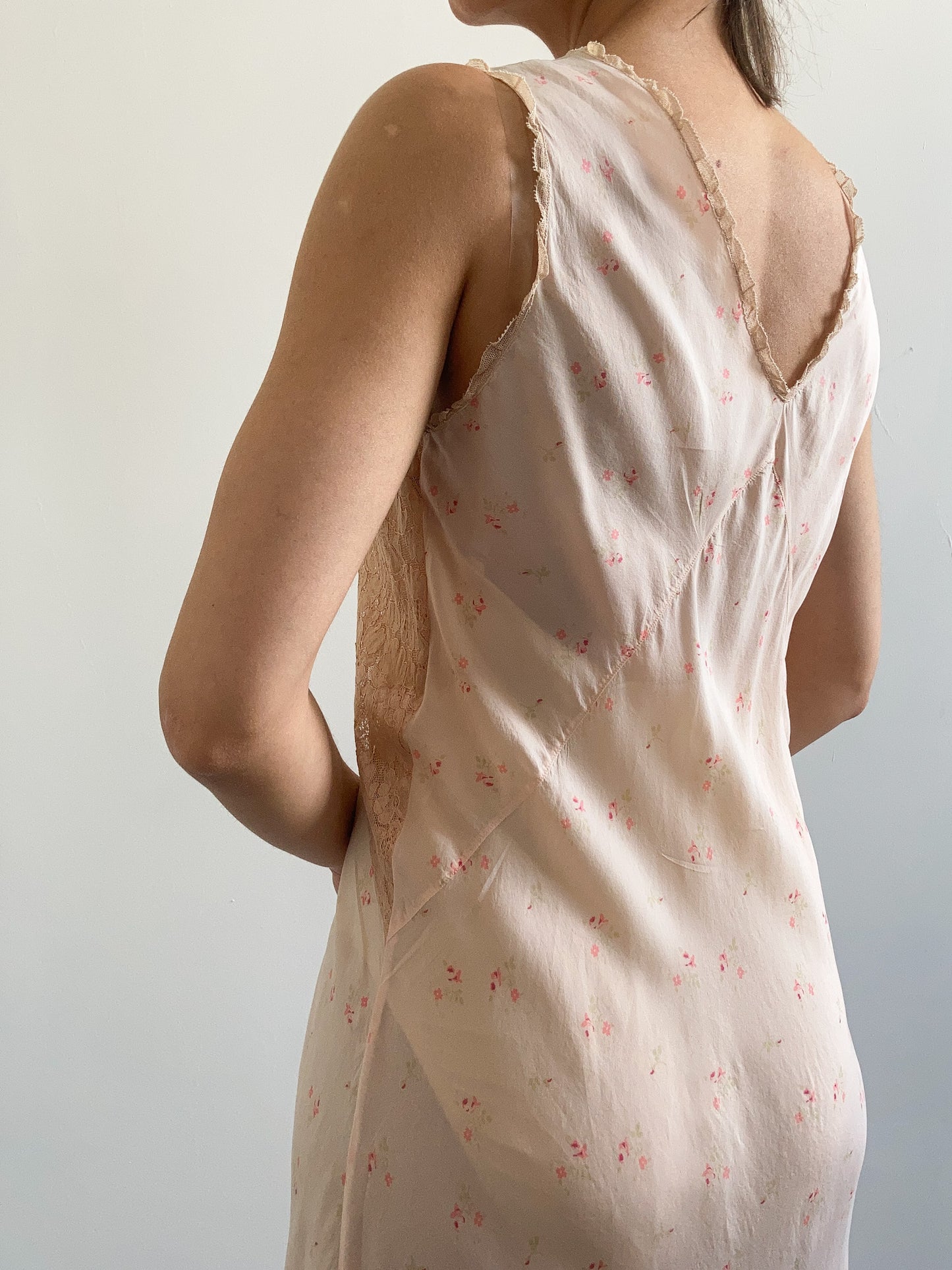 1920s Pink Lace and Ditsy Floral Silk Gown