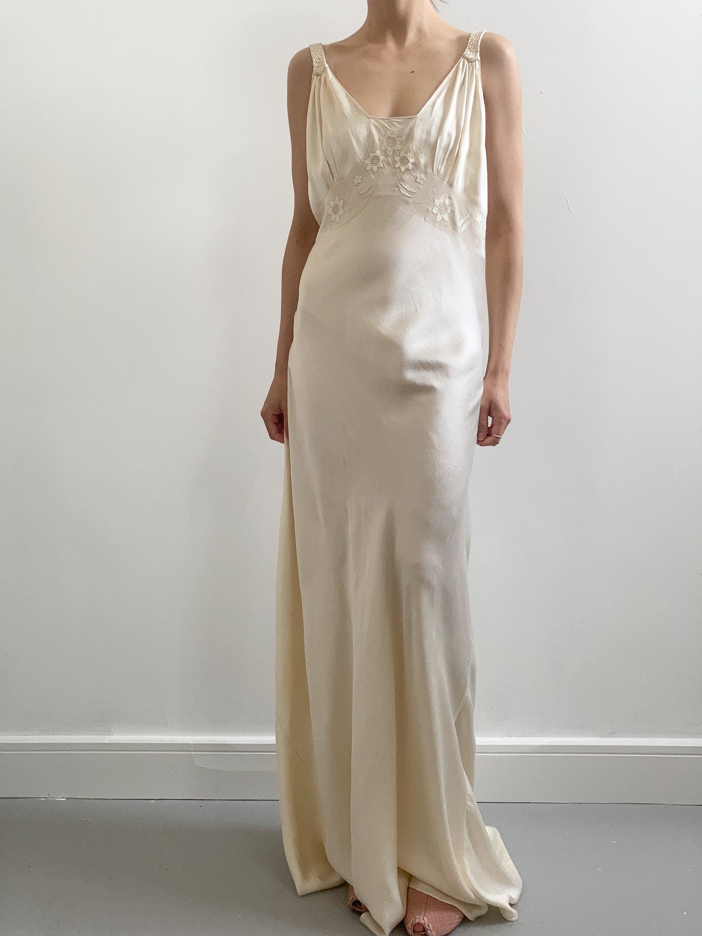 1930s Champagne Silk Bias Cut Bridal Gown