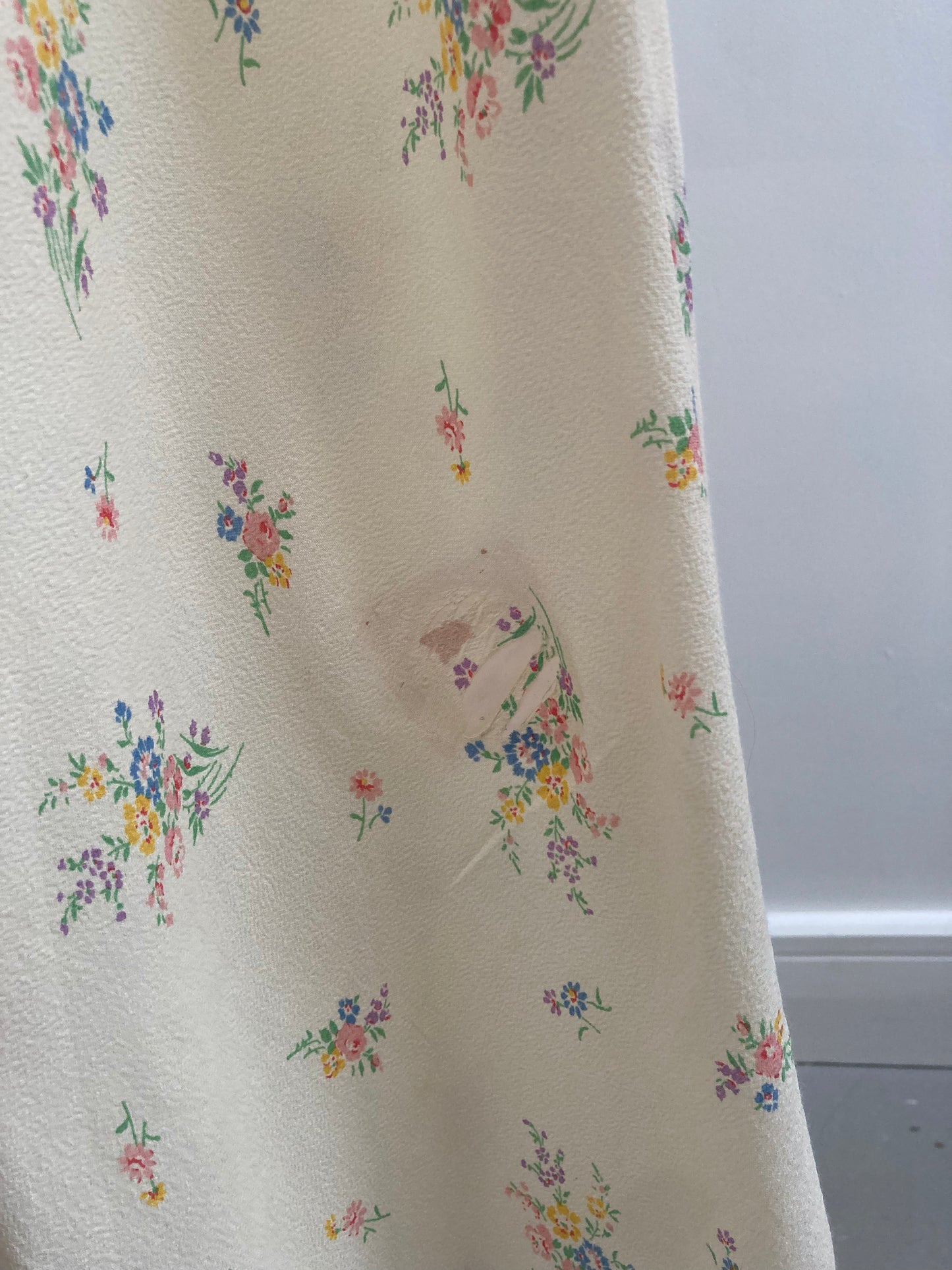 1930s Yellow Silk Crepe Floral Collared Slip Gown