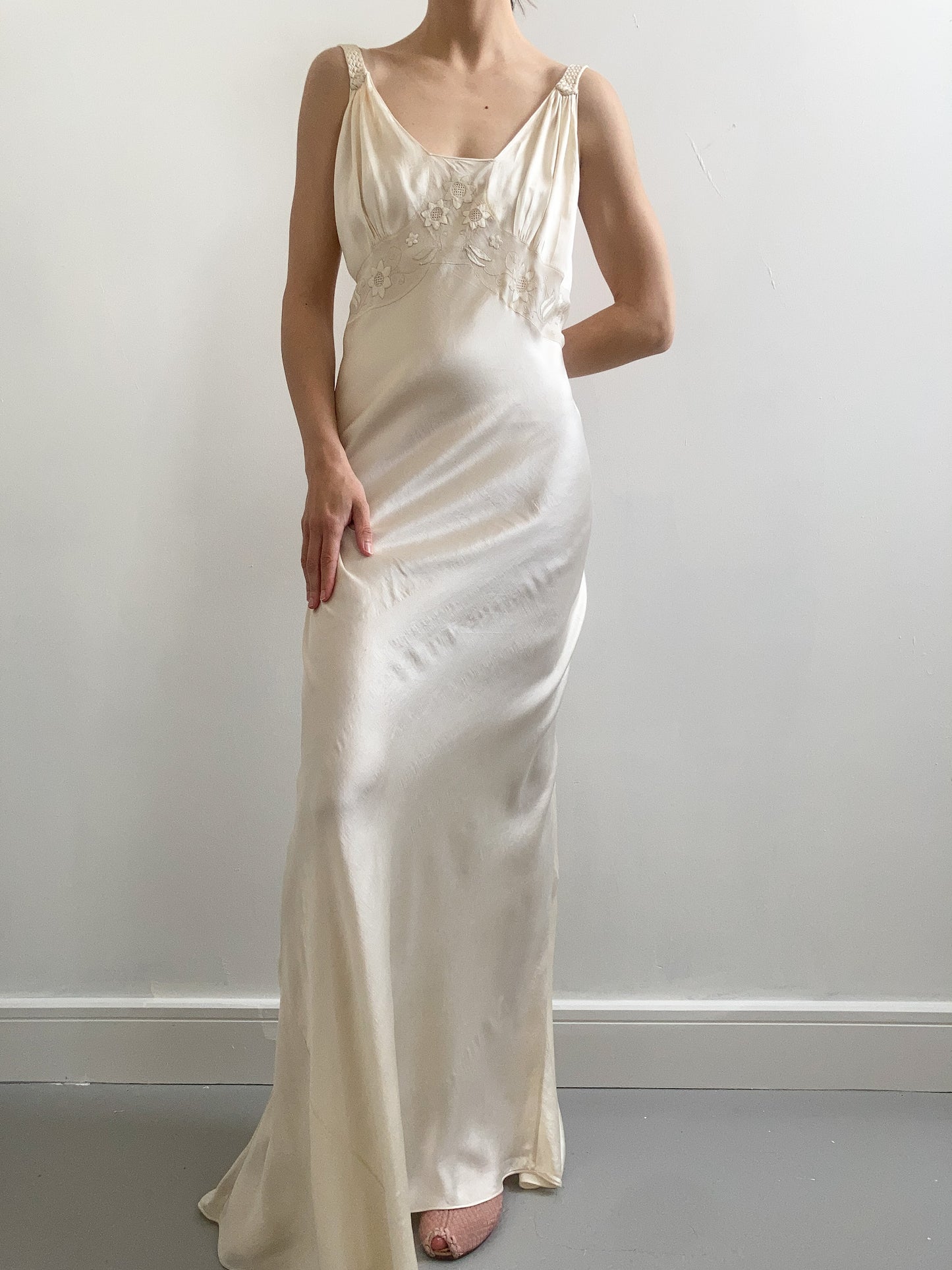 1930s Champagne Silk Bias Cut Bridal Gown