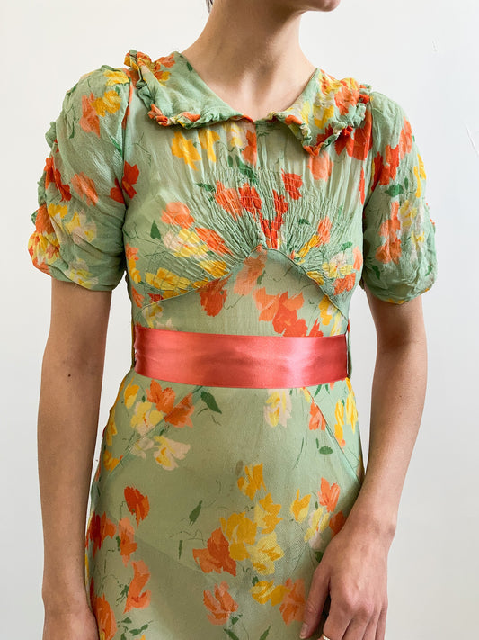 1930s Floral Chiffon Puff Sleeve Dress
