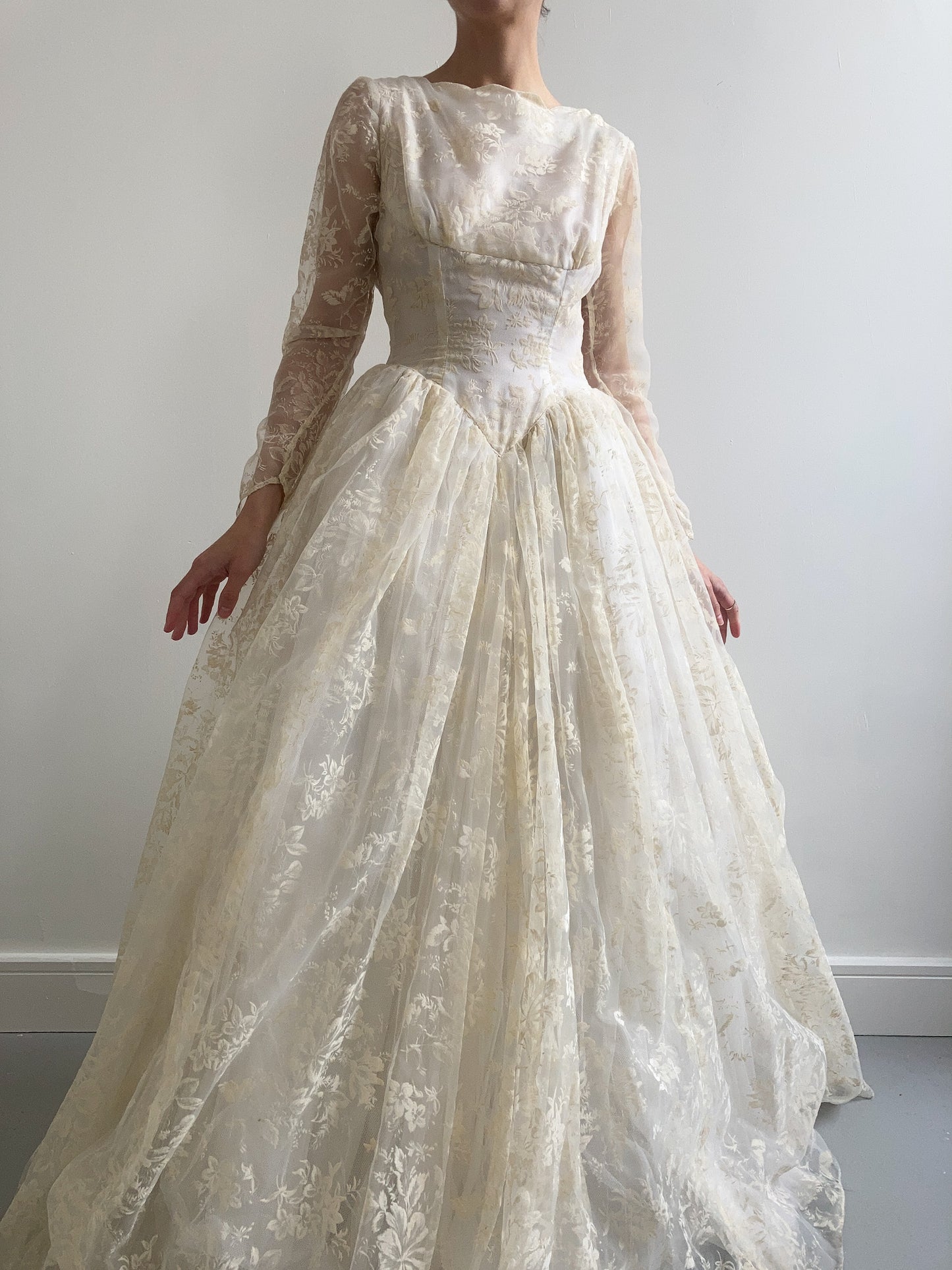 1940s Flocked Floral Organza Wedding Gown