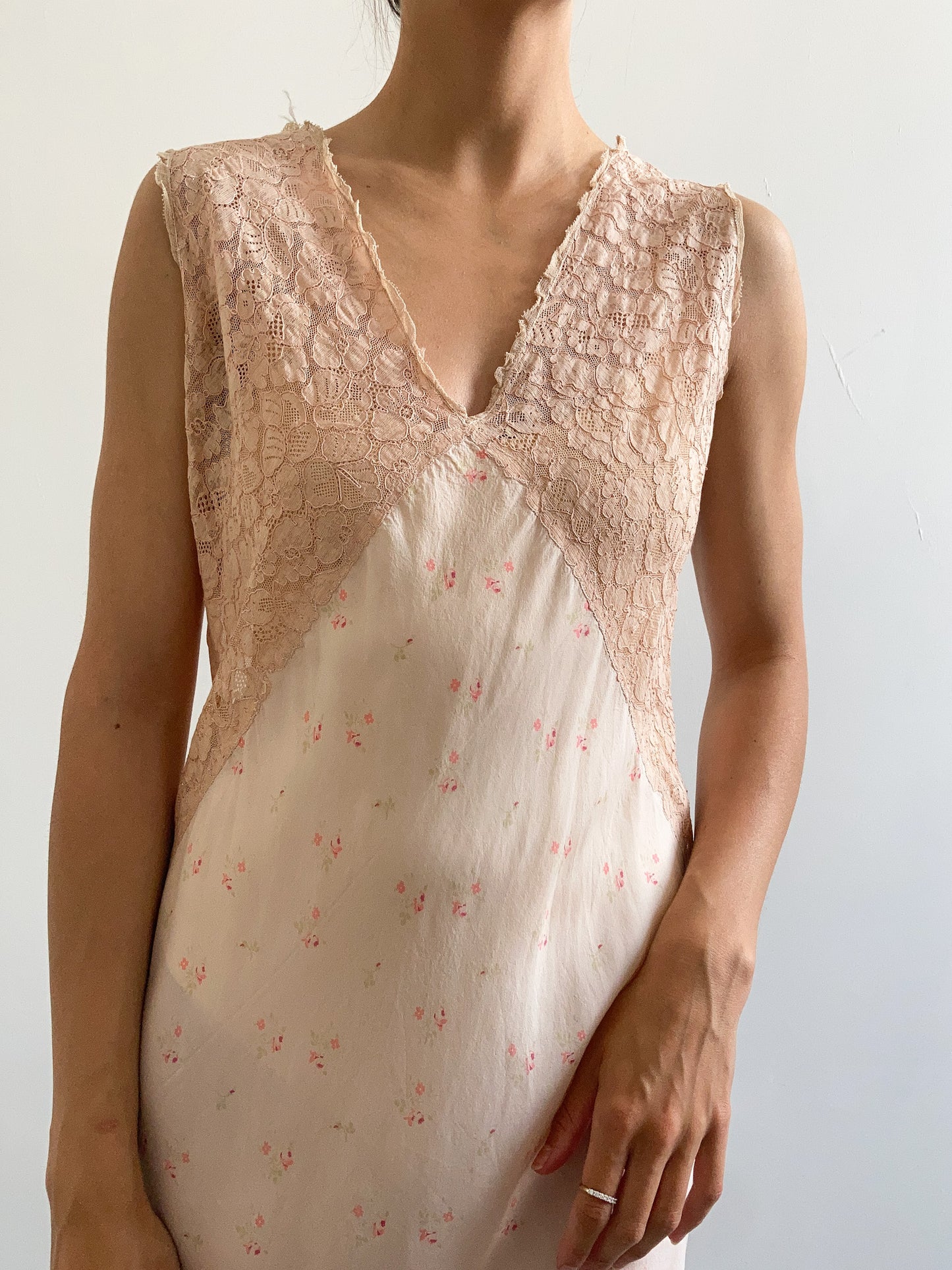 1920s Pink Lace and Ditsy Floral Silk Gown