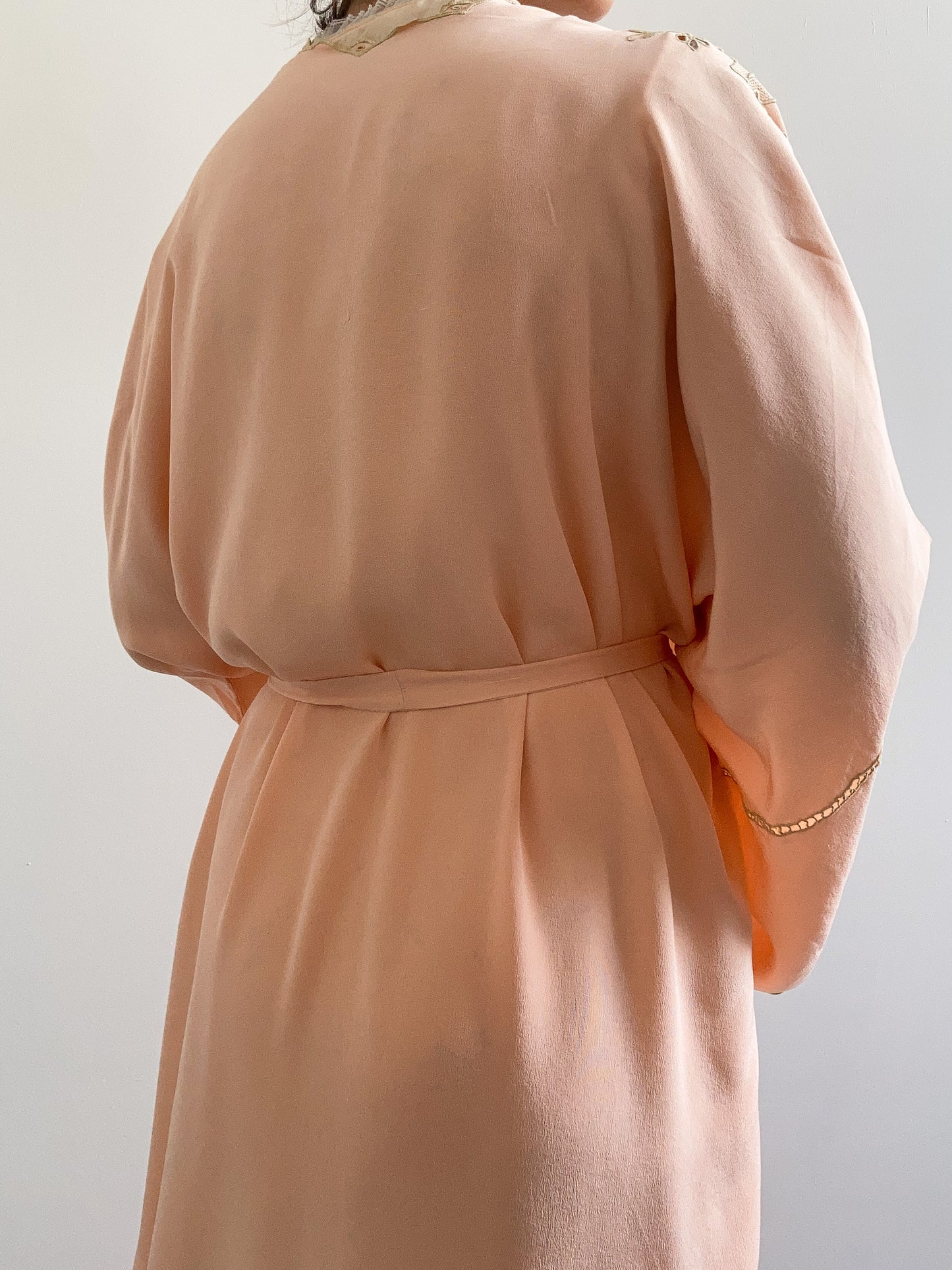 1930s Peach Silk Floral Embroidered Robe