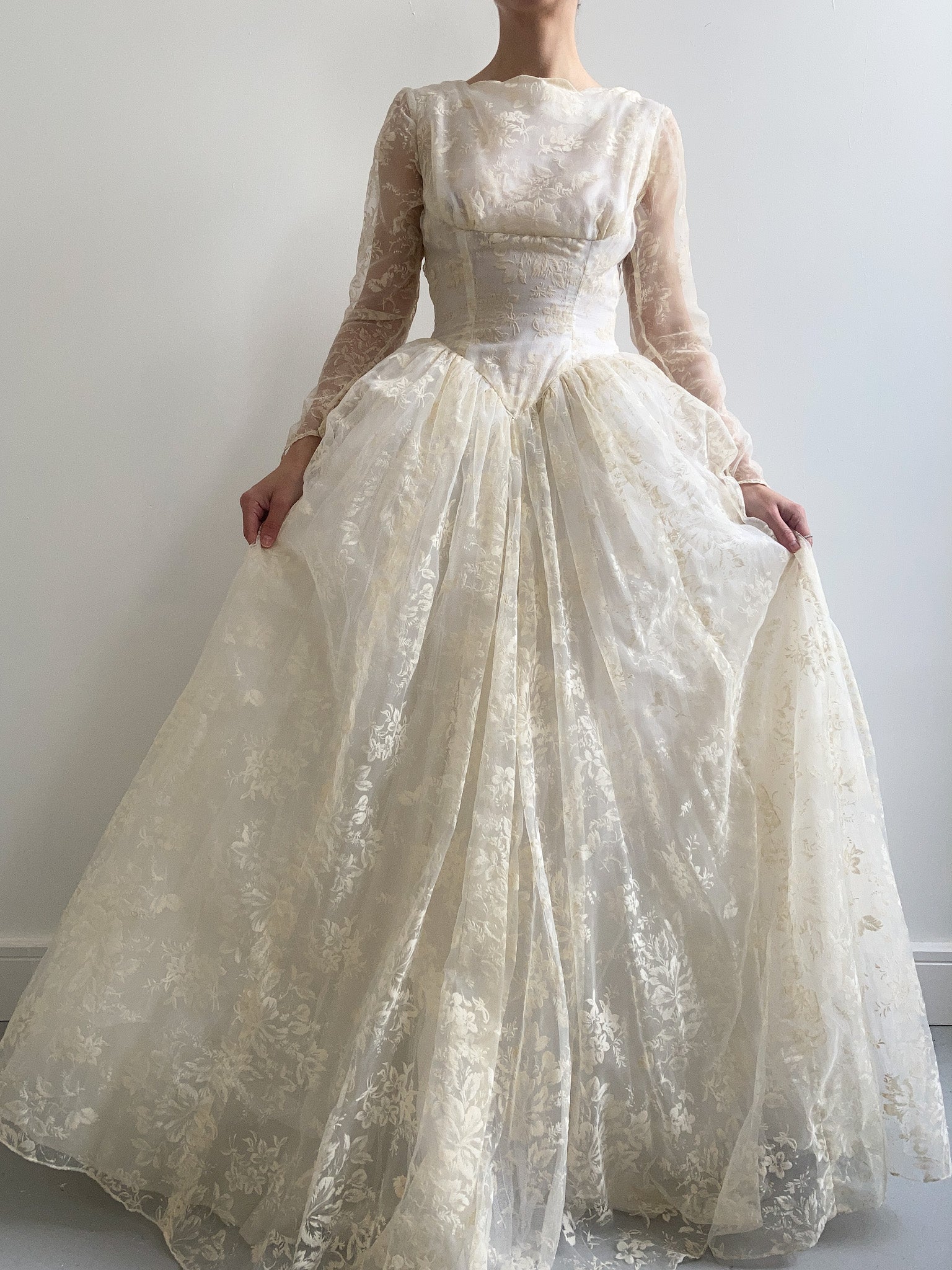1940s Flocked Floral Organza Wedding Gown