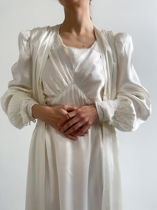 1940s Ivory Satin Bridal Peignoir Set